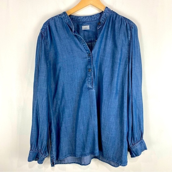 Chico's Chambray Button Popover Flowy Blouse Shirt Top Coastal Grandma 2 or 12 - Picture 1 of 5